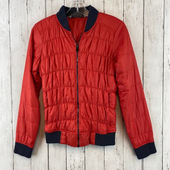 Athleta Fire Red Dobby Goose Down Quilted Puffer Bomber Jacket 138700 Size Small - Picture 1 of 13